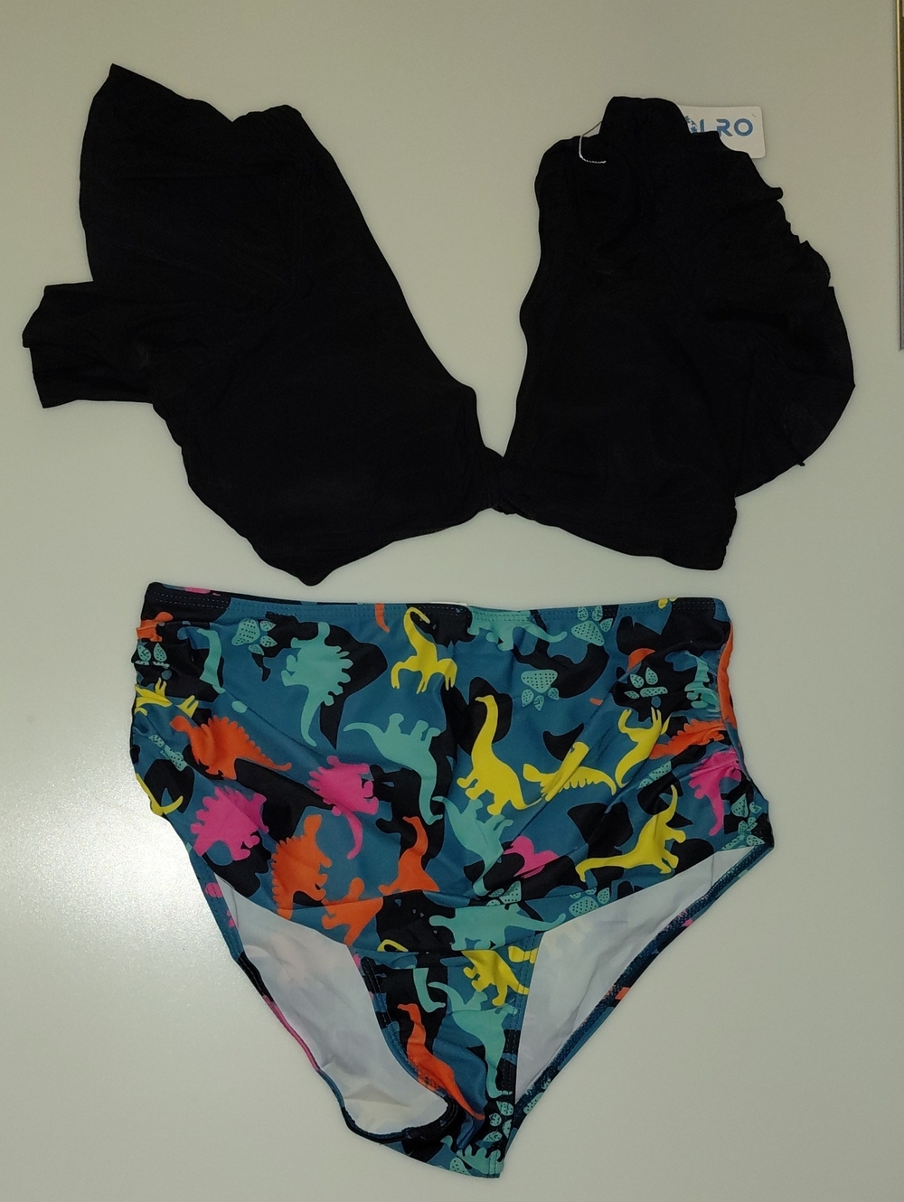 NWT Size M Black Bikini Top with High-Waist Dinosaur Print Bottoms